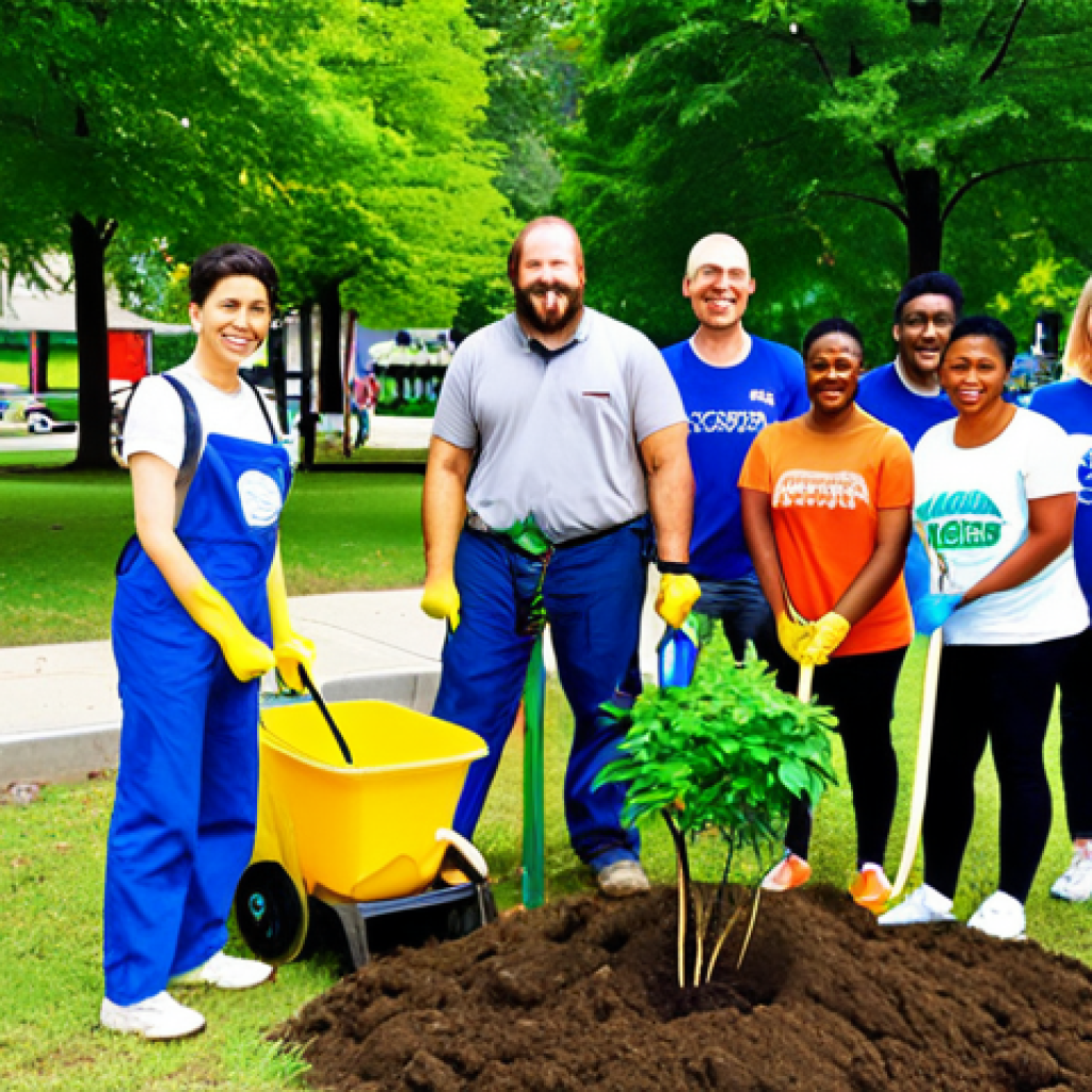**Prompt:** A diverse group of people participating in a community "Environment Day" event, planting trees, cleaning up a park, and learning about recycling. The scene should convey a sense of positive action and community engagement. Focus on bright colors and an optimistic atmosphere. The logo of the company sponsoring the event should be subtly placed.