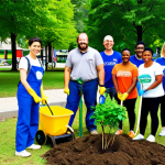 **Prompt:** A diverse group of people participating in a community "Environment Day" event, planting trees, cleaning up a park, and learning about recycling. The scene should convey a sense of positive action and community engagement. Focus on bright colors and an optimistic atmosphere. The logo of the company sponsoring the event should be subtly placed.