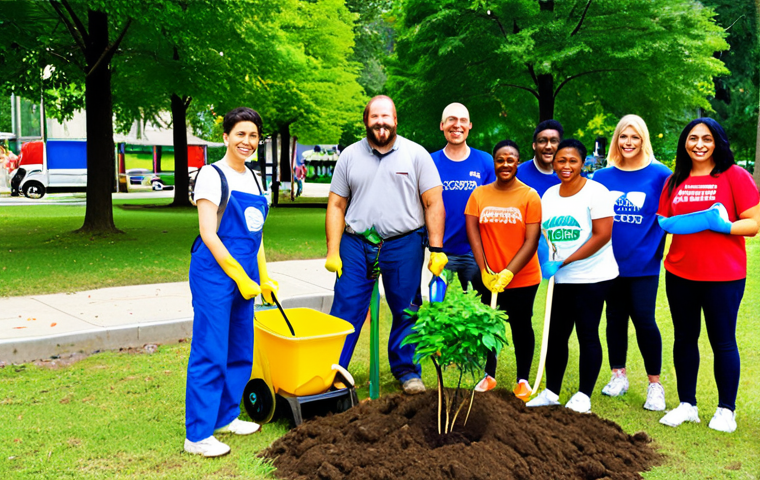 **Prompt:** A diverse group of people participating in a community "Environment Day" event, planting trees, cleaning up a park, and learning about recycling. The scene should convey a sense of positive action and community engagement. Focus on bright colors and an optimistic atmosphere. The logo of the company sponsoring the event should be subtly placed.