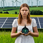 **

A person with a determined expression, standing in front of a lush green field. In the background, there are wind turbines and solar panels. The person is holding a compass in one hand, symbolizing ethical values. The overall image conveys passion and commitment to environmentally friendly practices in marketing.
**