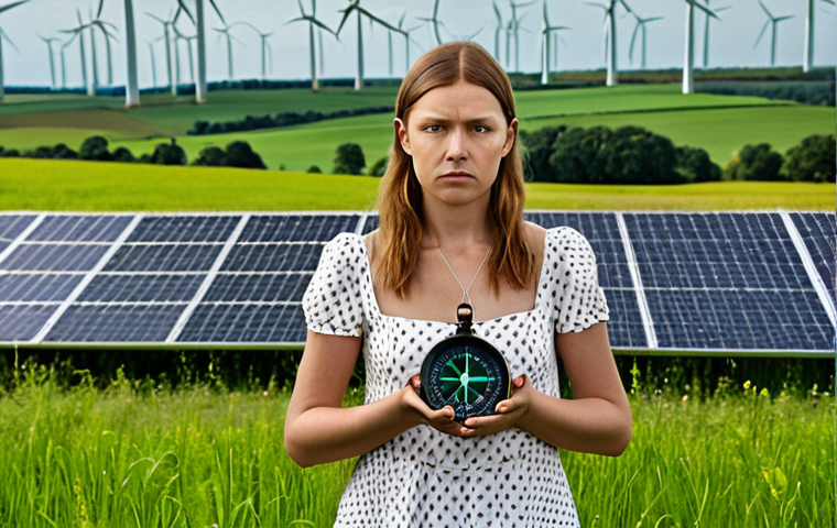 **
A person with a determined expression, standing in front of a lush green field. In the background, there are wind turbines and solar panels. The person is holding a compass in one hand, symbolizing ethical values. The overall image conveys passion and commitment to environmentally friendly practices in marketing.
**