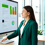 A professional female green marketing expert in a modest business suit, standing confidently in a modern, brightly lit sustainable office. She is interacting with a transparent holographic display showcasing data visualizations related to supply chain transparency and environmental impact. On a clean, minimalist desk, an eco-friendly product with a subtle QR code is visible. The background features natural light and sustainable architectural elements. Perfect anatomy, correct proportions, natural pose, well-formed hands, proper finger count, natural body proportions, fully clothed, modest clothing, appropriate attire, professional dress, safe for work, appropriate content, professional, family-friendly, high quality, professional photography.