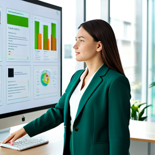 Home 23 A professional female green marketing expert in a modest business suit, standing confidently in a modern, brightly lit sustainable office. She is interacting with a transparent holographic display showcasing data visualizations related to supply chain transparency and environmental impact. On a clean, minimalist desk, an eco-friendly product with a subtle QR code is visible. The background features natural light and sustainable architectural elements. Perfect anatomy, correct proportions, natural pose, well-formed hands, proper finger count, natural body proportions, fully clothed, modest clothing, appropriate attire, professional dress, safe for work, appropriate content, professional, family-friendly, high quality, professional photography.