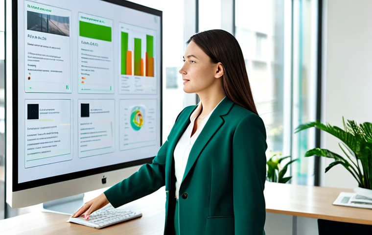 A professional female green marketing expert in a modest business suit, standing confidently in a modern, brightly lit sustainable office. She is interacting with a transparent holographic display showcasing data visualizations related to supply chain transparency and environmental impact. On a clean, minimalist desk, an eco-friendly product with a subtle QR code is visible. The background features natural light and sustainable architectural elements. Perfect anatomy, correct proportions, natural pose, well-formed hands, proper finger count, natural body proportions, fully clothed, modest clothing, appropriate attire, professional dress, safe for work, appropriate content, professional, family-friendly, high quality, professional photography.
