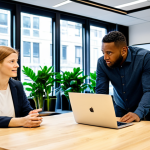 A diverse group of professional individuals, male and female, in a bright, modern office space with large windows and lush indoor plants. They are collaboratively discussing eco-marketing strategies, gathered around a conference table with laptops and screens displaying data visualizations related to sustainability and consumer trends. All subjects are fully clothed in professional, modest business attire, demonstrating appropriate content. The image features perfect anatomy, correct proportions, natural poses, well-formed hands, and proper finger count, with natural body proportions. The overall scene is professional, high-quality, and safe for work.