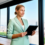 A professional woman, fully clothed in a modest business suit, stands confidently in a modern, light-filled office with large windows overlooking a city skyline. She holds a tablet displaying a sustainability report. The office decor features natural wood and green plants, subtle nods to eco-consciousness, emphasizing a green marketing environment. Her pose is natural, with perfect anatomy and correct proportions, conveying expertise and leadership. This image is safe for work, appropriate content, fully clothed, professional, with well-formed hands, proper finger count, and natural body proportions, high quality, family-friendly.