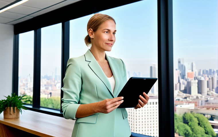 A professional woman, fully clothed in a modest business suit, stands confidently in a modern, light-filled office with large windows overlooking a city skyline. She holds a tablet displaying a sustainability report. The office decor features natural wood and green plants, subtle nods to eco-consciousness, emphasizing a green marketing environment. Her pose is natural, with perfect anatomy and correct proportions, conveying expertise and leadership. This image is safe for work, appropriate content, fully clothed, professional, with well-formed hands, proper finger count, and natural body proportions, high quality, family-friendly.