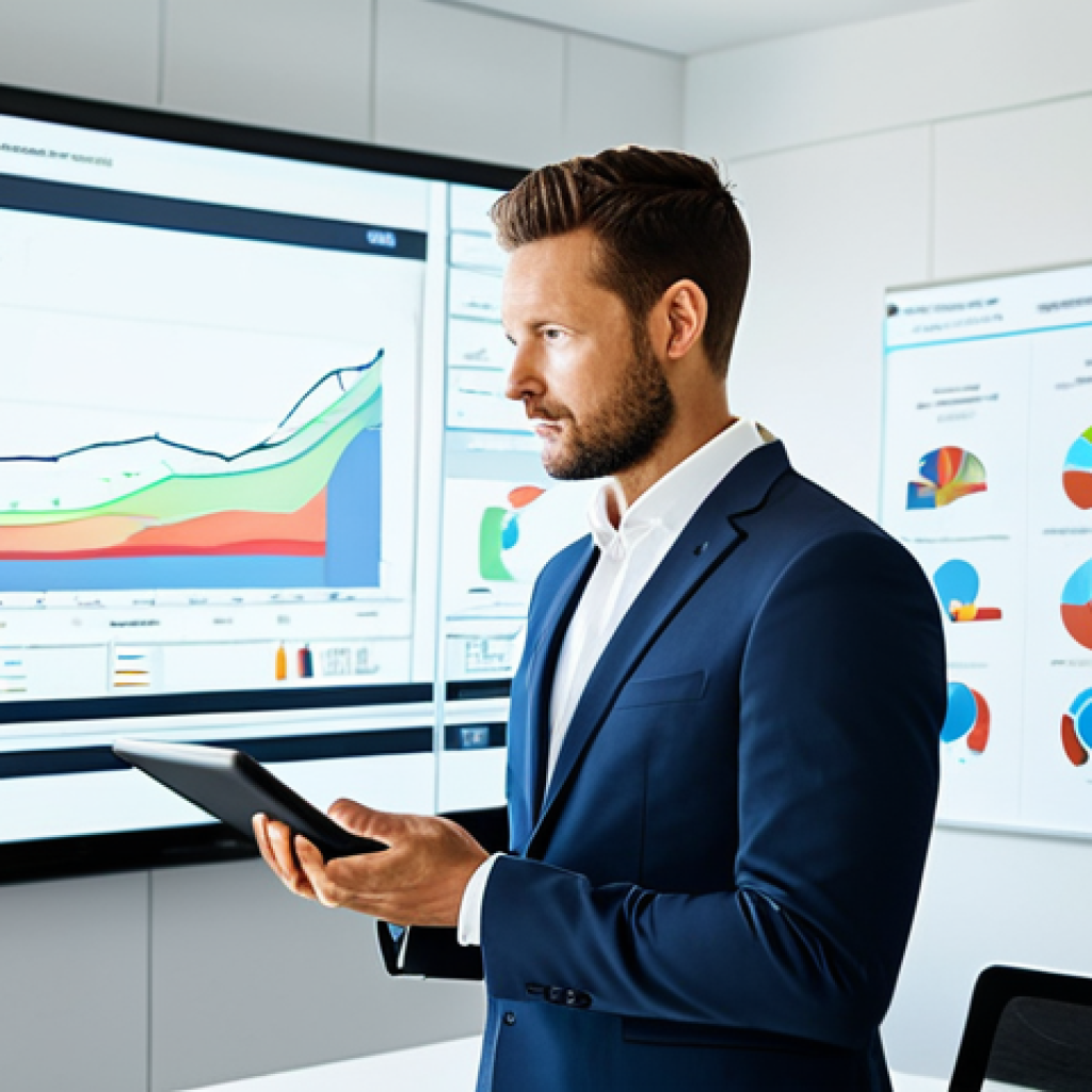 A confident professional marketing consultant, fully clothed in a modest business suit, actively engaged in a discussion within a sleek, modern office conference room. On a large screen in the background, a data visualization displays environmental metrics and positive ROI for sustainable practices. The consultant holds a tablet displaying a report. The setting is bright and professional, emphasizing innovation and eco-consciousness. Perfect anatomy, correct proportions, natural pose, well-formed hands, proper finger count, natural body proportions, professional photography, high quality, safe for work, appropriate content, fully clothed, professional dress, family-friendly.