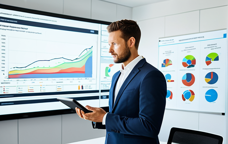 A confident professional marketing consultant, fully clothed in a modest business suit, actively engaged in a discussion within a sleek, modern office conference room. On a large screen in the background, a data visualization displays environmental metrics and positive ROI for sustainable practices. The consultant holds a tablet displaying a report. The setting is bright and professional, emphasizing innovation and eco-consciousness. Perfect anatomy, correct proportions, natural pose, well-formed hands, proper finger count, natural body proportions, professional photography, high quality, safe for work, appropriate content, fully clothed, professional dress, family-friendly.