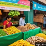 친환경 마케터의 실무 훈련 - A vibrant, detailed scene showing an Indian marketplace with vendors selling eco-friendly, green-cer...