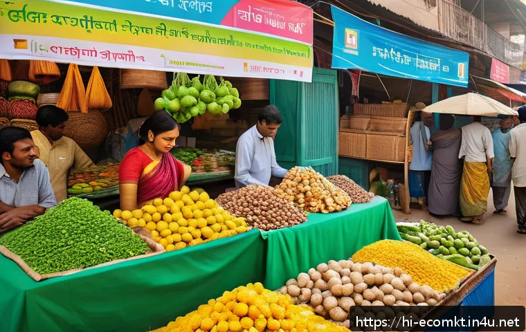 친환경 마케터의 실무 훈련 - A vibrant, detailed scene showing an Indian marketplace with vendors selling eco-friendly, green-cer...